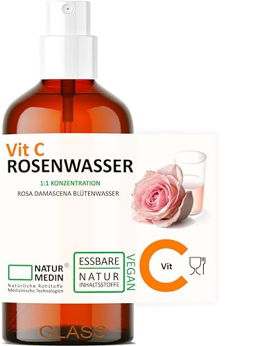 Vitamin C ROSENWASSER 100-ml ESSBAR 100% naturrein Rosa damascena Blüttenwasser mit Vitamin C ohne Zusatzstoffe Spray Glasflasche NATURMEDIN®