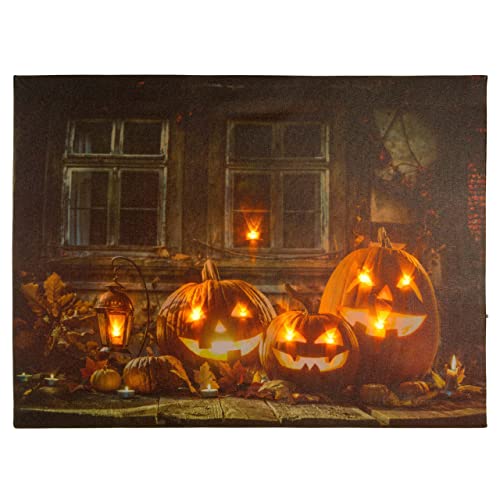 Nexos Trading LED Wandbild Leinwandbild mit Beleuchtung Fotodruck Halloween Kürbisse 30 x 40 cm 9 LED warm weiß Kunstdruck Leuchtbild Herbst Grusel Spooky