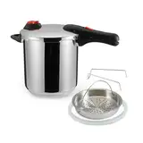 Amazon Basics – Schnellkochtopf aus Edelstahl, mit Dampfgarer und zusätzlichem Silikonring, 9 l, Stainless Steel