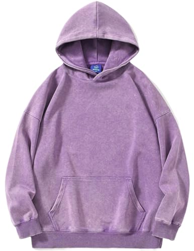 PADOLA Oversize Pullover Damen Ausgewaschene Hoodie Y2K Vintage Sweatshirt Basic Damen Kapuzenpullover mit Fleece Baumwolle Used-Look Übergangspulli Retro Kapuzenjacke Kapuzenpulli (L, 2 Lila)