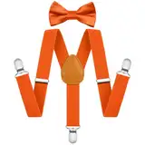 AOOWU Hosenträger für Herren, Breit 2.5 cm mit sehr Starken 3 Metall Clip, 2er Set mit farblich passender Fliege, Einstellbar und Elastisch Einheitsgröße für Junge und Mädchen (Orange-rote)