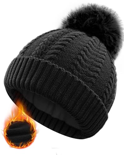 FORVEVO Mütze Damen Winter,Warme Wintermütze mit Fleece Futter,Thermo Beanie Mädchen,Bommelmütze Abnehmbarem Pom Pom für Outdoor Skifahren(Schwarz)