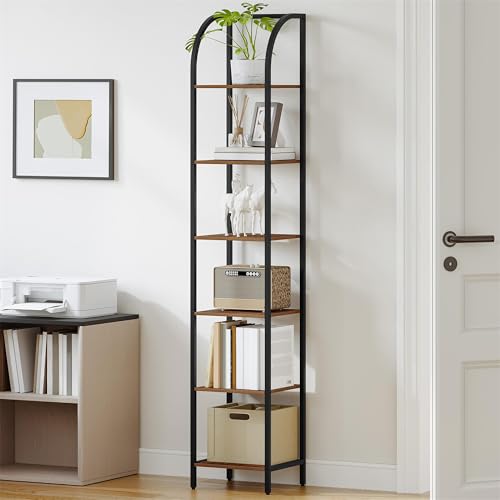 Hzuaneri Bücherregal, 6 Ebenen Standregal, DVD-Regal, Schmale Regale, Offenes Regal, Industriestil, Metallrahmen, Geeignet für Arbeitszimmer, Wohnzimmer, Schlafzimmer, Küche, Braun BC56001B