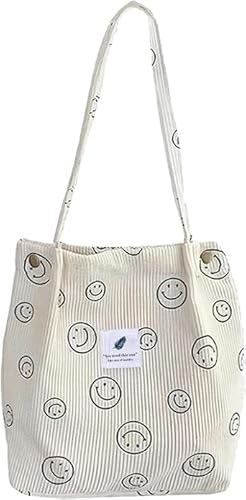 Newtic Smiley Tasch, Lässige Umhängetasche, Cord Tasche mit Taschenfach, Groß Umhängetasche, Damen Handtasche Ultraleichte Umhängetasche Mode Stoff Tasche für Alltag, Büro, Schule Reise und Einkaufen