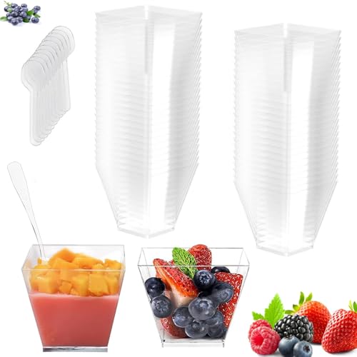 Dessertgläser Plastik,Dessertbecher Klare,50 Stück Dessertgläser mit Löffeln Plastik,Mini Desserttasse,Quadratischer Dessertbecher,60ml DIY Dessertschalen für Zuhause Desserts Pudding Mousse Party