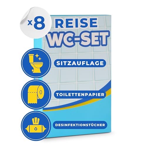 Gread - Toilettenauflage Einweg 8x als 3-teiliges Reise-Set Gadget für Reise Camping Festival must have Toilettensitzauflage, Toilettenpapier und 2 Reinigungstücher