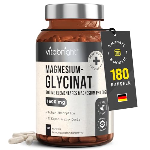 Magnesium Glycinat Kapseln 180, 1500mg Magnesium Glycinat Pure, Magnesium Bisglycinat Kapseln (Mit Magnesium Glycinat Pulver), 300mg Elementares Magnesium, VitaBright Magnesium Glycinat Hochdosiert