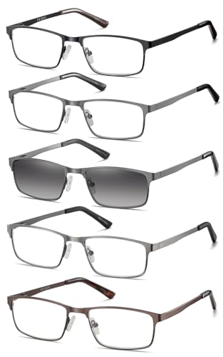 EYECEDAR 5 Stuks Lesebrille Herren Rechteck Rahmen Edelstahl Material Metall Federscharniere Enthalten mit Sonnenbrille Lesebrille 2.0