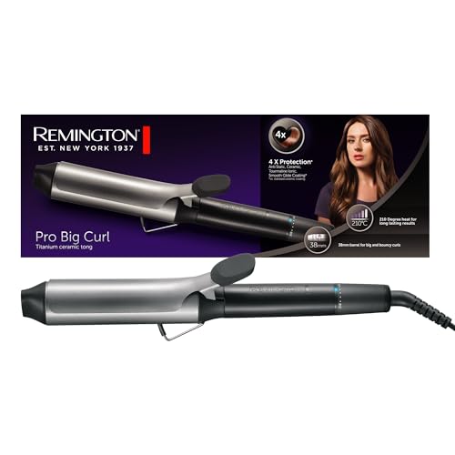 Remington Lockenstab große Locken [38mm] Pro Big Curl (4-facher Schutz, antistatischer Keramik-Turmalin-Beschichtung) Digitales-Display bis 210°C, mit Klemme, natürliche Wellen, Schwarz, CI5538