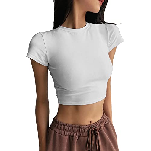 Sport-Shirt Damen Kurzarm Damen Halbhoher Kurzärmliges Nabel-T-Shirt Enges Nabel Bottoming Shirt Kurz Hohe Taille Feste Farbe Sport-Tops Damen T-Shirt Kurzarm Sport Sport Crop Top Kurzarm (White, S)