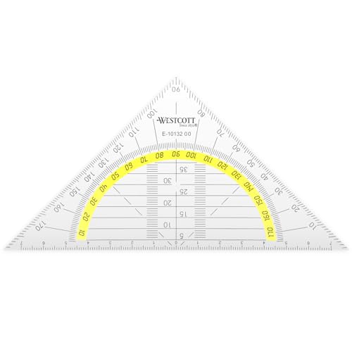 Westcott Geometriedreieck 14 cm | Transparentes Geometrie-Dreieck aus bruchsicherem Kunststoff mit gelber Skala | Technische Skala & Winkelmesser für Schule, Uni oder Büro | E-10132 00