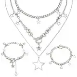 Y2k Schmuck, Y2k Accessoires, 3 Stück Silbernes Stern-Halsketten Set im Y2K Stil, Süße Halskette Aesthetic Schmuck Vintage Emo Schmuck, Mehrlagige Stapelbare Necklace Y2k für Frauen und Mädchen