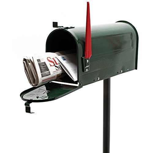 Wiltec Set US Mailbox grün 180 x 220 x 480 mm, amerikanischer Briefkasten mit Fahne, Standbriefkasten Stahl amerikanisches Design mit passendem Standfuß