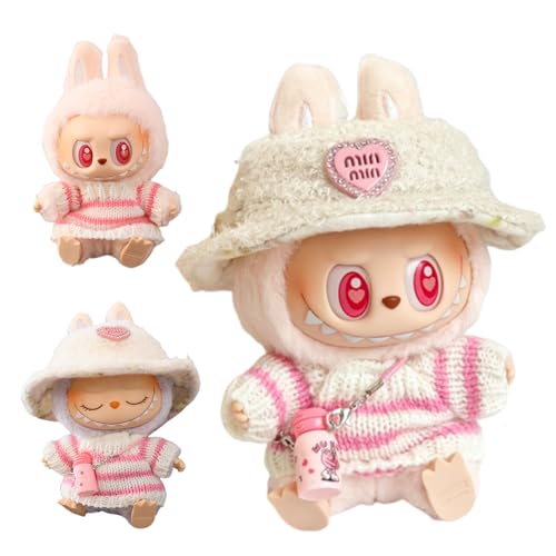 Bekleidung für 17cm La-bu Plüsch, La-bu Keychain Doll Kleidung,Kuscheltier Kleidung Outfit nur Bekleidungs zubehör für 17cm La-bu Plush Pullover Hoodie Bekleidung DIY Kinder Geschenke(Rosa Samthut)