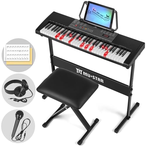 MUSTAR 61 Key Keyboard Piano für Anfänger, Digital Piano Keyboard mit Leuchttasten Lautsprechern, E Klavier Ständer, Hocker, Kopfhörern, Mikrofon, Notenablage, 300 Sounds & Simply Musiklektionen