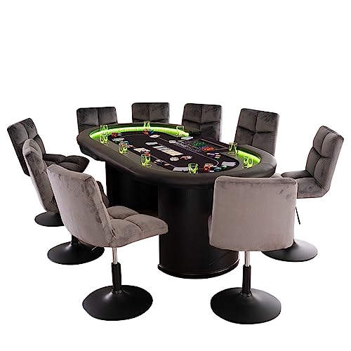 Home Deluxe - Pokertisch mit 10 Stühlen Double UP - Tisch mit LED Beleuchtung u. Getränkehalter, Maße: 215 x 106 x 78 cm, Stuhlfarbe: Hellgrau I Spieltisch Poker Tisch