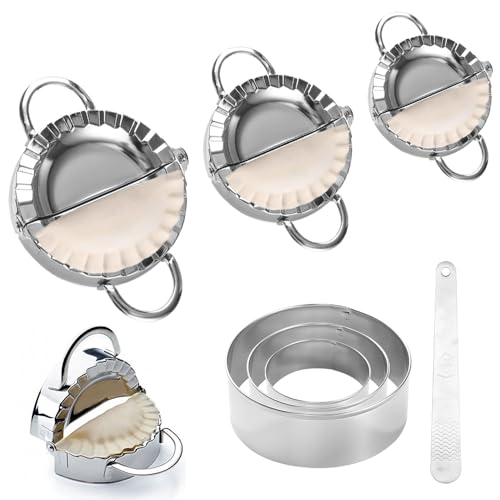 NAROSEBE 7 Stück Ravioli Former Edelstahl Ravioli Dumpling Maker Former Raviolirad Ausstecher Set Rund Dumpling Cutter Teigtaschenformer Ravioliformer Set Mit Holzgriff für Dumpling machen