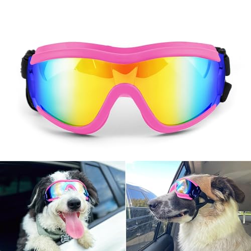 NAMSAN Sonnenbrillen für Hunde Einstellbar Hundebrille Wasserdicht Winddicht Hunde Motorradbrille Schutzbrille für Mittel/Gross Hunde-Rosa