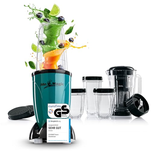 GOURMETmaxx Mr. Magic Mixer | Smoothie Maker mit XXL-Zubehörpaket | Standmixer 18-tlg. | Blender mit auslaufsicheren Frischhaltedeckeln | Food Processor für Shakes, Smoothies etc.