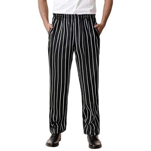 FASLOLSDP Herren Bundhose Gestreift Bäckerhosen Chefkoch-Arbeitshose Kochhose Hotelküche Elastische Taille Arbeitshosen mit Tasche Koch Hosen für Männer Chef Trousers für Koch