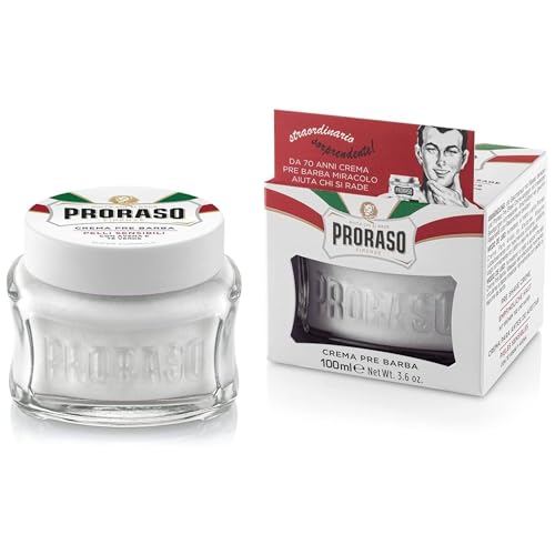 Proraso Pre Shave Cream Sensitive, 100 ml, beruhigende Rasiercreme für die Anwendung vor der Rasur, mit Hafer und Grüntee-Extrakten, Made in Italy, Weiß