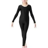 BODYWEAR LTD Damen Mädchen Kinder glänzender Steigbügel-Tanzkostüm Gymnastik Langarm Einteiler Catsuit, Schwarz , 11-12 Jahre