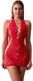 Walang Damen Dessous Ausschnitt BobyStocking Fischnetz Bodysuit Sexy Dessous Reizwäsche Minikleid Clubwear Babydoll Kleider Unterwäsche (Rot)