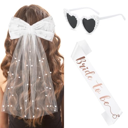 3 Stück JGA Accessoires Frauen- Schleier JGA Weiße, Bride to Be Schärpe, Herz Sonnenbrille Perle, JGA deko frauen für Junggesellenabschied Brautparty und Hochzeitsfotografie