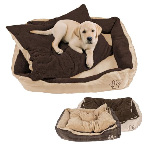 Petnic Murago Hundebett ca. 75x58x19 cm mit herausnehmbarem Kissen - Braun - waschbar flauschig für mittelgroße Hunde Hundekissen eckig ca. 75x60 cm beige Plüsch