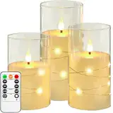 Kiexung LED-Kerzen, LED-Kerzen mit eingebauter Lichterkette, batteriebetriebene Kerzen, Plexiglaskerzen mit Fernbedienungs-Timer, festliche flammenlose Kerzen, Wohnkultur, 3-teiliges Set (Elfenbein)