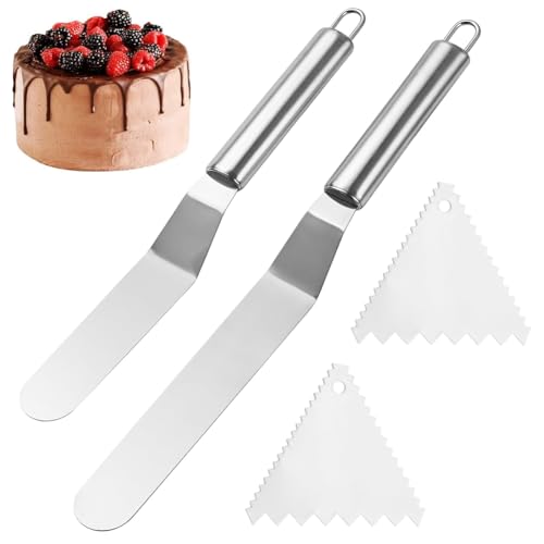 NIEEKRUN Winkelpalette Edelstahl Set, 2 Stück Winkelpalette Torte Kuchenmesser mit 2 Dreiecksschaber, Tortenmesser Streichpaletten für Torten Tortenspachtel Winkelpalette für Kuchen Backen(Silber)