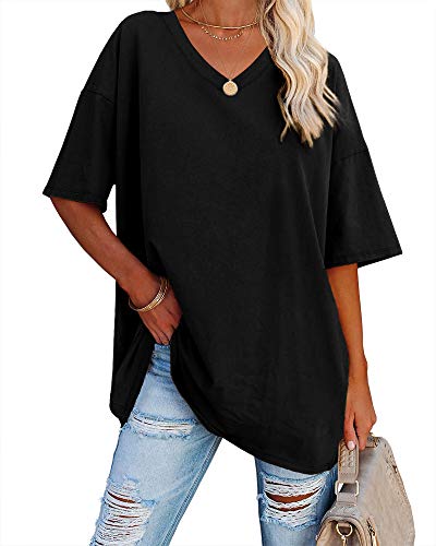 Ebifin Damen Oversize T Shirt mit V-Ausschnitt Kurzärmeliges Casual Lockere Basic Sommer Tee Shirts Bluse.Schwarz.XXL