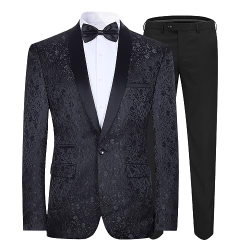 Allthemen Herren Jacquard Smoking Anzug Slim Fit 2 Teilig Anzüge für Hochzeit Party Abschluss Schwarz L