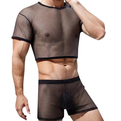 Mymyguoe Erotik Netzoberteil Outfit Herren Transparent Netzshirt 2 Teiler Mesh Crop Top Und Stretch Shorts Zweiteiler Männer Sexy Outfit Durchsichtig Fischnetz Set Quick-Drying Badeanzug Schwimmanzug