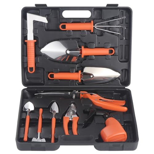 eROOSY Gartenwerkzeug, Gartengeräte Gartenwerkzeug Set aus Edelstahl Gartenarbeit Set mit Koffer, Geschenk für Gartenliebhaber (Orange)