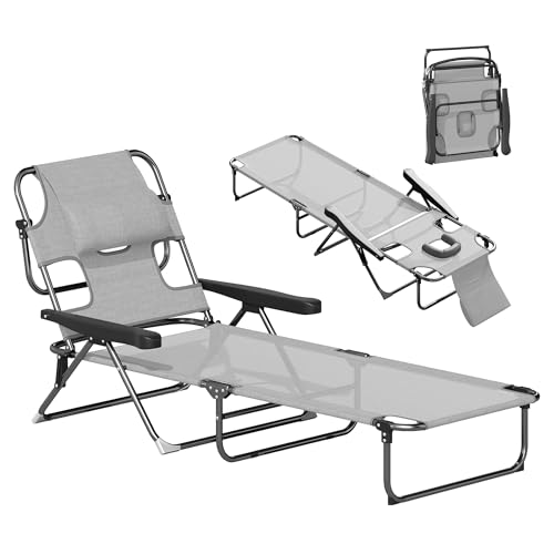 Outsunny Sonnenliege klappbar Gartenliege mit Lesefenster, Kopfkissen, Liegestuhl mit 4-Fach verstellbare Rückenlehne, wetterfeste Campingliege bis 120 kg belastbar, für Garten Strand Pool, Dunkelgrau