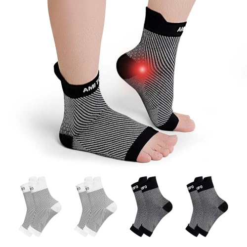 PUTUO Neuropathie Socken für Herren Damen: Orthopädische Kompressionssocken Plantarfasziitis Socken Sprunggelenkbandage Große L/XL Weiß Schwarz 4 Paare