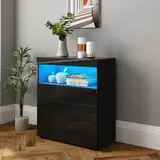 Sideboard mit LED Beleuchtung Schwarz Hochglanz - Modernes Wohnzimmer Schrank mit 2 Türen, Schublade & offenem Fach - Stauraum Möbel 80x35x90 cm