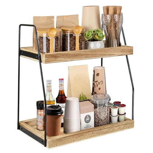 Ausune Kaffeestations-Organizer für Arbeitsplatte, Kaffeebar-Zubehör und Organizer, Küchenregal aus Holz, 2 Etagen, Kaffee-Gewürz-Aufbewahrung, Kaffee-Caddy für Küche, Zuhause, Büro (braun)