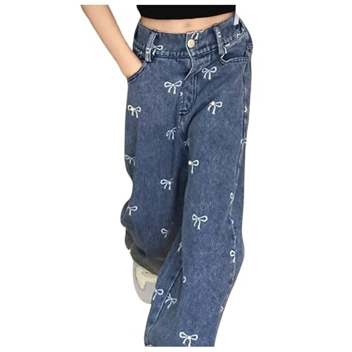 Generisch Jeans Mädchen Baggy Jeans Mädchen Schleifendruck Weites Bein Jeanshose Hohe Taille Denim Jean Weites Hosen Cargo Hose Y2k Vintage Loose Fit Denim Pants