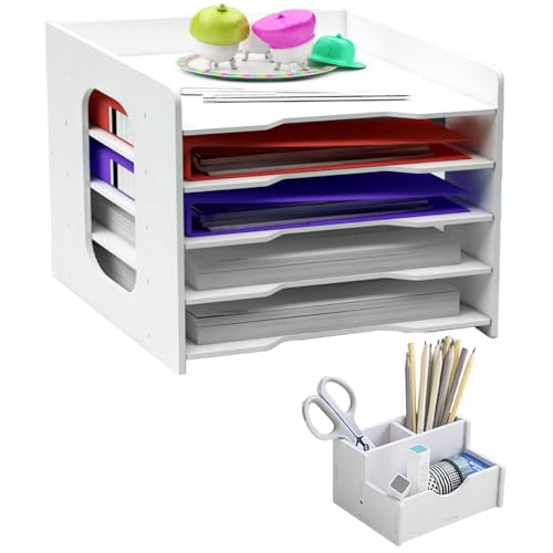 skytowards Schreibtisch Organizer Ablagefächer 5-Tier Briefablage Stapelbar Papierablage A4 Dokumentenablage Schreibtischablage Weiß Büro Aktenablage mit Stifthalter Unterlagen Organizer für Büro