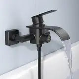 KULACO Badewannenarmatur Wasserfall Schwarz, Mischbatterie Badewanne Wannenbatterie, Messing Wasserhahn Badewanne mit Druckschalter, Armatur Badewanne Duscharmatur für Wandmontage - Schwarz