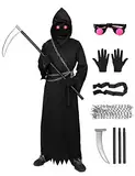 Formemory Sensenmann Halloween Kostüm Kinder Herren 7 Pcs Halloween Kostüm Kinder Jungen mit Brille Sense Kette Gürtel für Halloween Cosplay (Kinder-S, Schwarz)