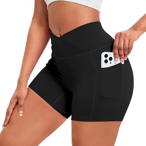 Vertvie V Cross Gym Shorts Damen Workout Shorts V Waist Hohe Taille Kurz Sporthose Butt Lift Stretch Yoga Leggings mit Seitentaschen Push Up Radlerhose Sommer (Schwarz, M)