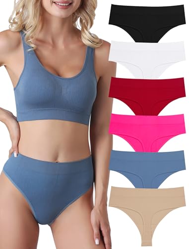 Evolyline 6er-Pack Damen String Tangas - Bauchweg Unterhosen, Nahtlose Strings, Hohe Taille, Baumwolle Unterwäsche - Atmungsaktiv Weich Panties