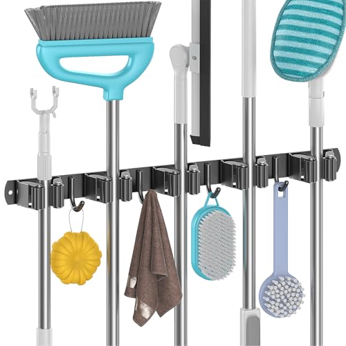 Juspota Besenhalterung Wand selbstklebend, Wandhalterung Besen mit 5 Halter und 4 Haken, Edelstahl Besenhalter Gerätehalter Schraubbar, Gartengerätehalter, Besen Mop Halter ohne Bohren, Schwarz