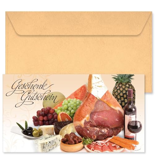 GESCHENKGUTSCHEINcom. 50 Formulare zum Erstellen eigener Gutscheinkarten + Kuvert, für Feinkost Feinkostgeschäft. FK17011-50-V1