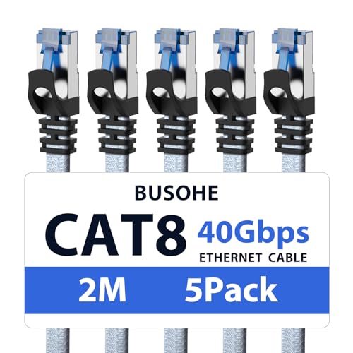 BUSOHE Cat 8 LAN Kabel 2m (5-Stück), 40Gbps 2000MHz Ethernet Kabel Netzwerkkabel, Flach Hochgeschwindigkeits Gigabit RJ45 Patchkabel, Geflochtener Internet Kabel Kompatibel mit PC, Router, Modem