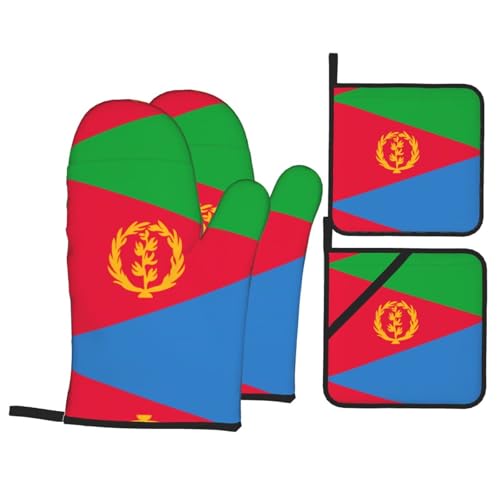 Poezjzw Ofenhandschuhe mit eritreischer Flagge, 4-teiliges Set ist rutschfest und verbrühungssicher, geeignet für Heimbacken, Grillen und Mikrowelle