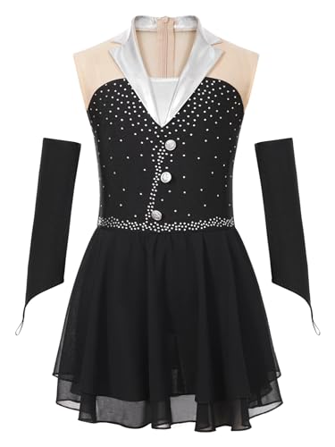 CHICTRY Kinder Mädchen Eiskunstlauf Kleid Strass Glitzer Tanzkleid Ärmellos Trikotanzug Mit Hanschuhe Wettbewerb Performance Tanzkostüm Schwarz 134-140